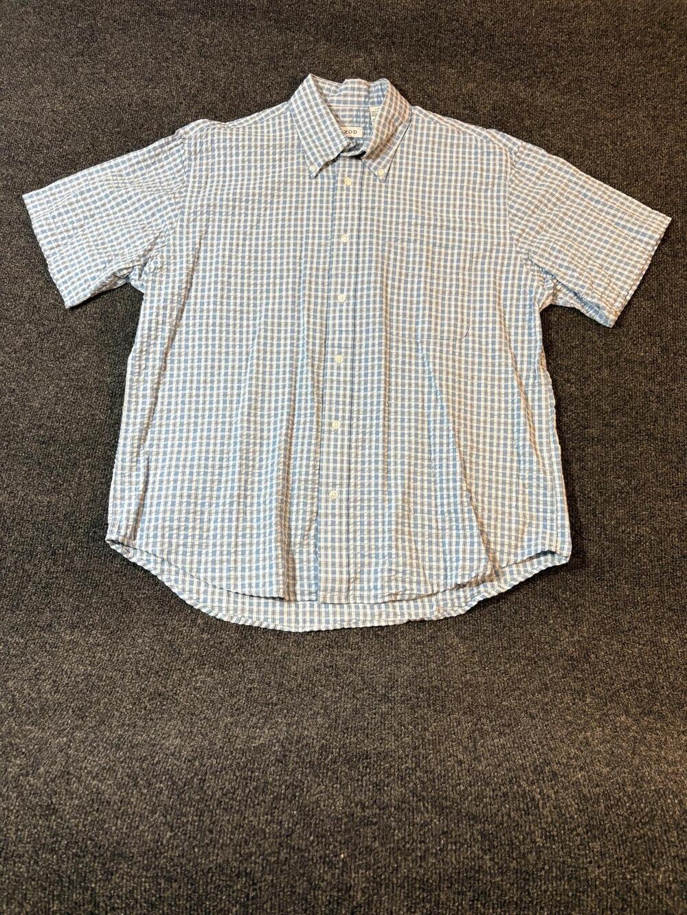 IZOD Shirt Mens L Blue Check Short Sleeve Button Up Cotton Pocket Casual